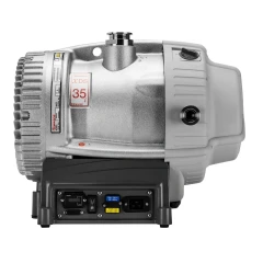 Edwards XDS35iCE 25 cfm Chemical Scroll Pump, silver finned pump housing side view with connector panel base