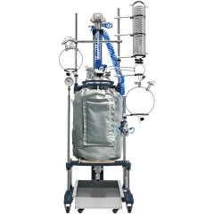 Ai 150L Jacketed Glass Reactor with Air Motor, insulated vessel, blue air hoses, condenser and glass flasks on frame