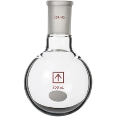 Ai 250mL Heavy Wall Round Bottom Receiving Flask, clear glass round flask with ground glass neck, white background