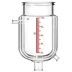 Ai R10 Dual-Jacketed 10L Glass Reactor Vessel, clear double-wall glass vessel with red graduations and side ports
