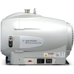 Agilent IDP-15 9 cfm Oil-Free Dry Scroll Pump, white rounded pump housing side view with top inlet and switch panel