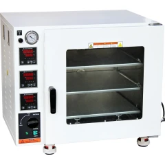 Ai ECO 3.2 Cu Ft 150°C Vacuum Oven, 3 Shelves, white oven with window door, three controllers, gauge and knob