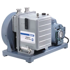 Welch 1402N 5.6 CFM Chemical Resistant Pump, grey belt-driven pump and motor on a blue-grey base plate