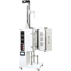 Ai CGF1200C 1200°C 3-Zone Crystal Growth Furnace, white vertical unit with split chamber open, controllers, lift column