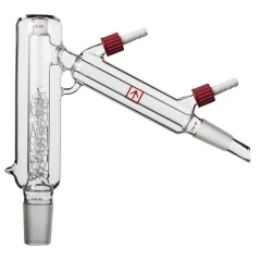 Ai C5 Packable Short Path Head with Packing, clear glass head filled with packing, red hose caps and ground joints