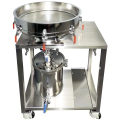 Infinity 1-3 Funnel Winterization Filter Table, stainless table with mesh sieve top, clamps and collection pot below
