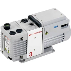 Edwards PFPE RV3 2.6 CFM Dual-Stage Pump, grey rotary vane pump with finned body and motor, white background