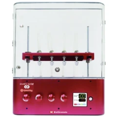 BioChromato C4 4-Channel Smart Evaporator, red base with knobs and display under a clear cover with four tube holders
