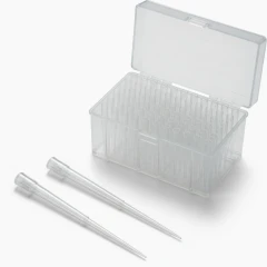 Ai 10µl Extended Pipette Tips, long slender clear tips in a hinged rack, representative image