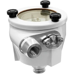 Edwards ITX20K Vacuum Pump Inlet Trap, white canister with clear top, black knobs and metal side ports