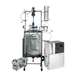 Ai 100L Glass Reactor Decarboxylation Package, reactor with jacket cover, condenser and flasks beside chiller and pump