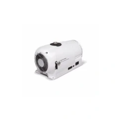 Agilent IDP-7 Scroll Pump, Inlet Valve, white rounded pump housing with fan and top inlet, white background