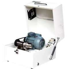 Vibratory High Energy Ball Mill, 80ml SS Jar, open white cabinet showing motor and steel jar clamp inside