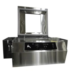 Lab Armor 7L Peltier Bead Bath, stainless steel unit with lid open and front control panel with dial