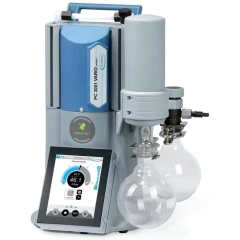 Vacuubrand PC 3001 VARIO Select 1.2 CFM Pump, blue and grey pump with touch screen, condenser and two glass flasks