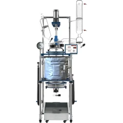 Ai 20L Jacketed Filter Glass Reactor, insulated vessel with filter base on steel frame, condenser and controller