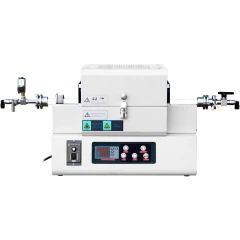 Ai RTF1200 25mm Compact Rotary Tube Furnace, white benchtop furnace with tube, end flanges, gauge and valves