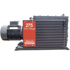 Edwards E2M275 180 CFM Rotary Vane Pump, dark grey pump and motor on base with red front label panel