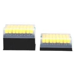 NEST 2D/1D Barcode Cryovials, Brooks, Racked, yellow-capped vials in two clear-lid racks on black bases