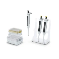 IKA PETTE Pipette MicroKit B, three pipettes with a white stand and two tip boxes, white background
