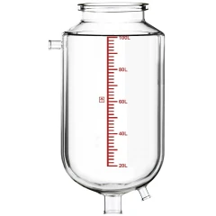 Ai R100 Single-Jacketed 100L Reactor Vessel, clear glass vessel with red graduations, side port and two bottom ports