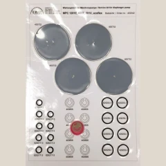 Welch 2052 Diaphragm Pump Service Kit, four grey diaphragms, O-rings and valve parts on a printed card