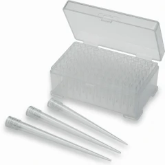 Ai 200µl Extended Pipette Tips, long clear tips in three lengths beside a rack, representative image