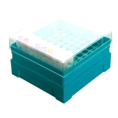 NEST Cryo Boxes for Cryogenic Vials, teal box with clear hinged lid holding vials