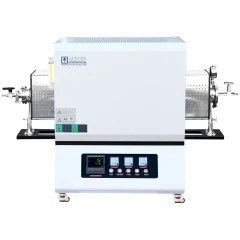 Ai TF1400 1400C 1-3 Zone Alumina Tube Furnace, white furnace with control panel, tube ends and flanges on a black stand