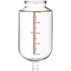 Ai R100 Non-Jacketed 100L Reactor Vessel, clear glass vessel with red graduations and single bottom outlet