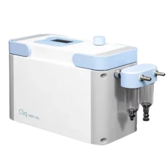Anest Iwata Cliq 10MV-50z Diaphragm Vacuum Pump, white and light blue housing with two clear catch pots
