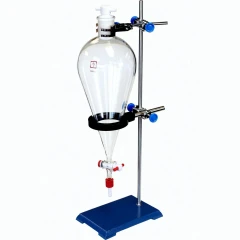Ai 2L Glass Separatory Funnel Kit, PTFE Valves, pear-shaped glass funnel clamped on a stand with blue base
