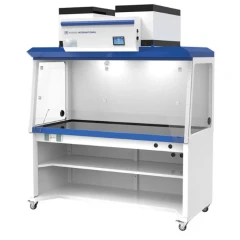 Ai FH Series Ductless Fume Hood, white cabinet with clear sides, blue trim, top filter unit and shelved base on casters