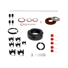 Ai SE26 Gen2 SolventVap Service Kit, seals, O-rings, black threaded nut, black clips and red caps laid out