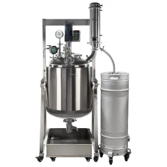 Ai 200L Dual-Jacketed 316L SST Reactor, stainless vessel with motor, gauges and column on a frame beside a steel keg