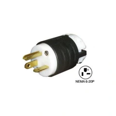 NEMA 6-20P 250V 20A Straight Blade Plug, black and white plug with brass blades and pin diagram