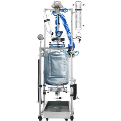 Ai 50L Jacketed Glass Reactor with Air Motor, insulated vessel on steel frame with blue air lines, coil condenser and tray