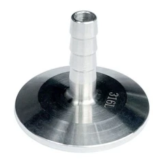 Ai 1.5" 316L Tri-Clamp to Hose Barb Adapter, machined stainless flange with ribbed hose barb, close-up