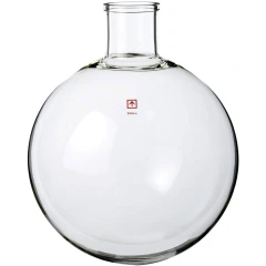 Ai 50L Large-Neck Evaporating Flask, SE130, clear round glass flask with wide neck, white background