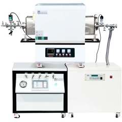 Ai TF1400 1400°C CVD Tube Furnace, tube furnace on a gas mixing cabinet with touchscreen beside a pump cabinet