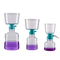 Nest PVDF Vacuum Filter Tops & Receiving Bottles, three sizes of clear filter units with teal collars on bottles