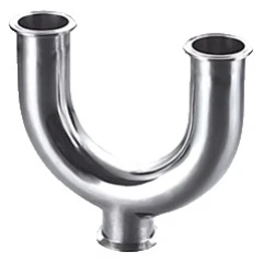 2" Tri-Clamp Tee, SS304, polished stainless U-shaped fitting with three clamp ends, white background