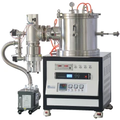 Molybdenum Vacuum Furnace, stainless chamber with gauges above a control cabinet, attached vacuum pump and hose
