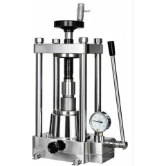 Ai MP60A 60-Ton Laboratory Pellet Press, stainless four-post frame with top wheel, pressure gauge and pump lever