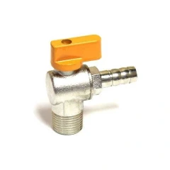 Ai 3/8" Stainless Chiller Fluid Port with Valve, angled metal fitting with threaded end, hose barb and yellow lever