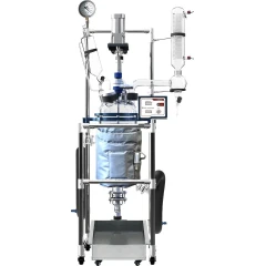 Ai 10L Single or Dual Jacketed Glass Reactor, insulated vessel on steel frame with overhead motor, condenser and tray