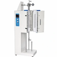 1200°C Vertical Fluidized Bed CVD Tube Furnace, white upright furnace with split chamber open around a vertical tube