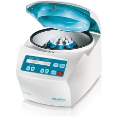 Hettich EBA 200 Centrifuge 6000 RPM 8 x 15 mL, white benchtop centrifuge with blue lid open over a loaded rotor