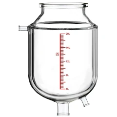 Ai R20 Single-Jacketed 20L Reactor Vessel, clear double-wall glass vessel with red graduations and bottom ports