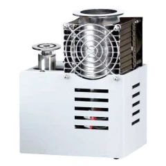 Welch ProBoost Air-Cooled Diffusion Pump, stainless pump with fan guard and flanged ports on a white base